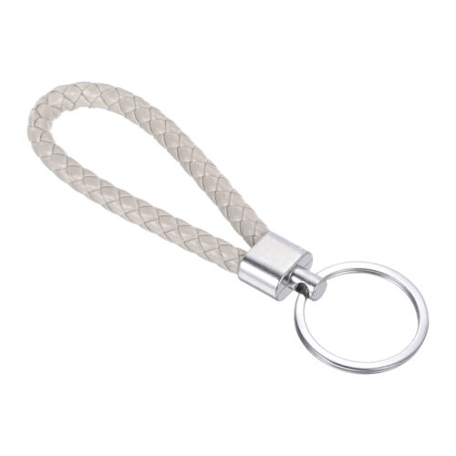 Braided Leather Keychain with Stainless Steel Key Ring Woven Wristlet, Cream - Picture 1 of 5