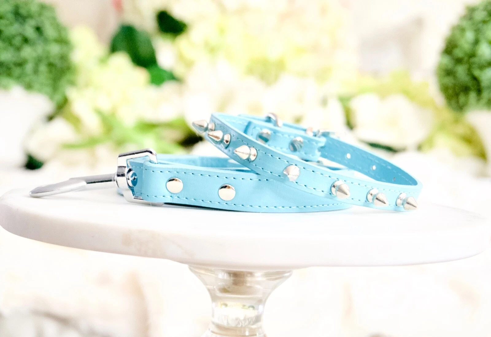 NEW! 2 Piece Set Robin Egg Blue Spike Dog Collar & Leash Set Enchanted Pets Cats