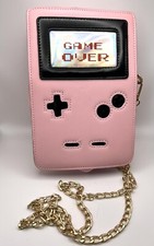 Retro 8-Bit Gamer Handbag Pink With Long Gold Color Chain Gameboy Style Purse