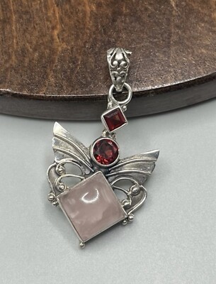 Artisan Rose quartz and garnet butterfly 925 sterling silver fairycore pendant