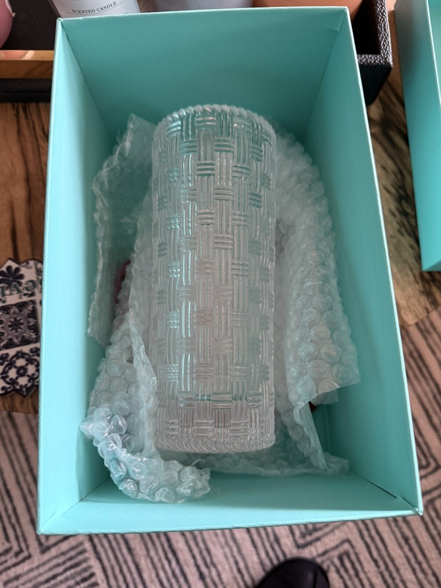 Tiffany & Co Woven Cylinder Basketweave Crystal Vase 8” Made In