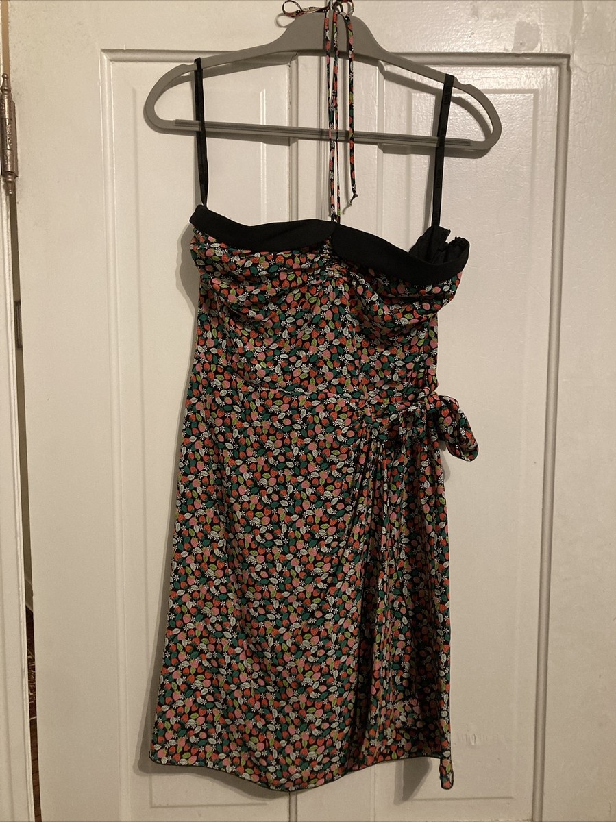 Anna Sui Silk Strawberry Print Ditzy Black Pink Dress
