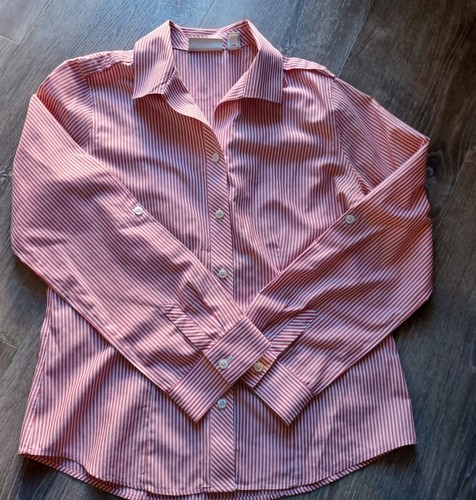 Chicos Womens Sz 0/S Red White Striped 100% Cotton Button Up Poplin Shirt