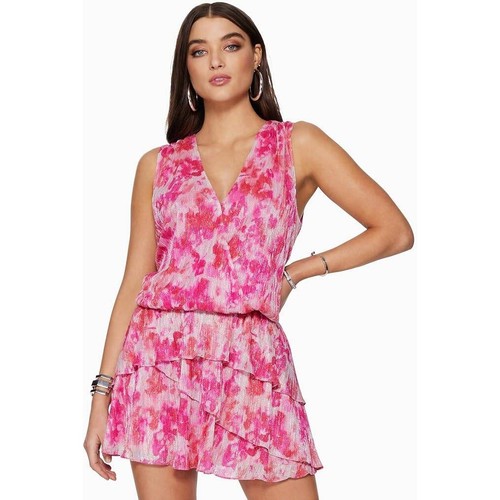 Rammy Brook Mini Dress Pink Floral Metallic Sleeveless Ruffle Party S