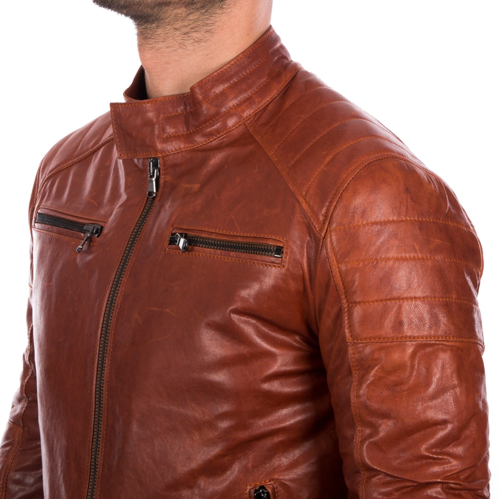 ITALIAN HANDMADE MEN GENUINE LAMB LEATHER JACKET SLIM FIT COGNAC BROWN ANTIQUED image 2