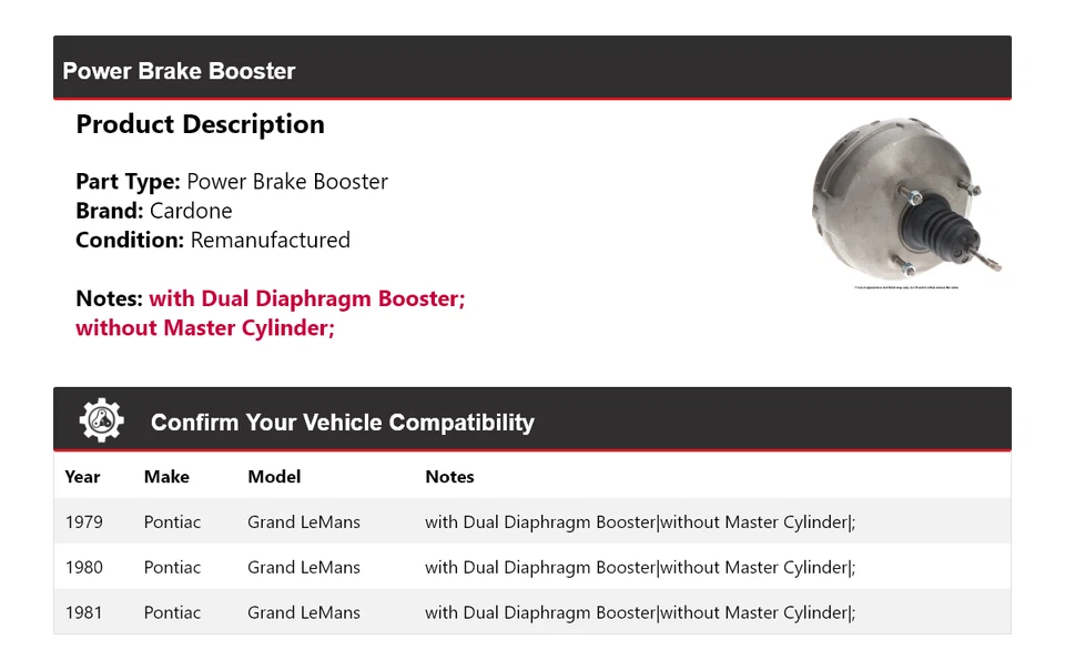 For 1979-1981 Pontiac Grand LeMans Power Brake Booster Cardone 1980 - Image 2 of 4