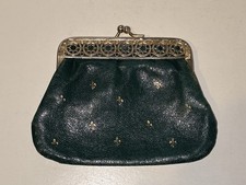 VTG Green Kid Leather Kiss  Lock Coin Purse Gold Fleur  de  Lis Italy Stars Frame