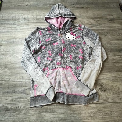 Sanrio Hello Kitty Hoodie Womens XL Grey Pink Burnout Zip Up Y2K Kawaii HK84193