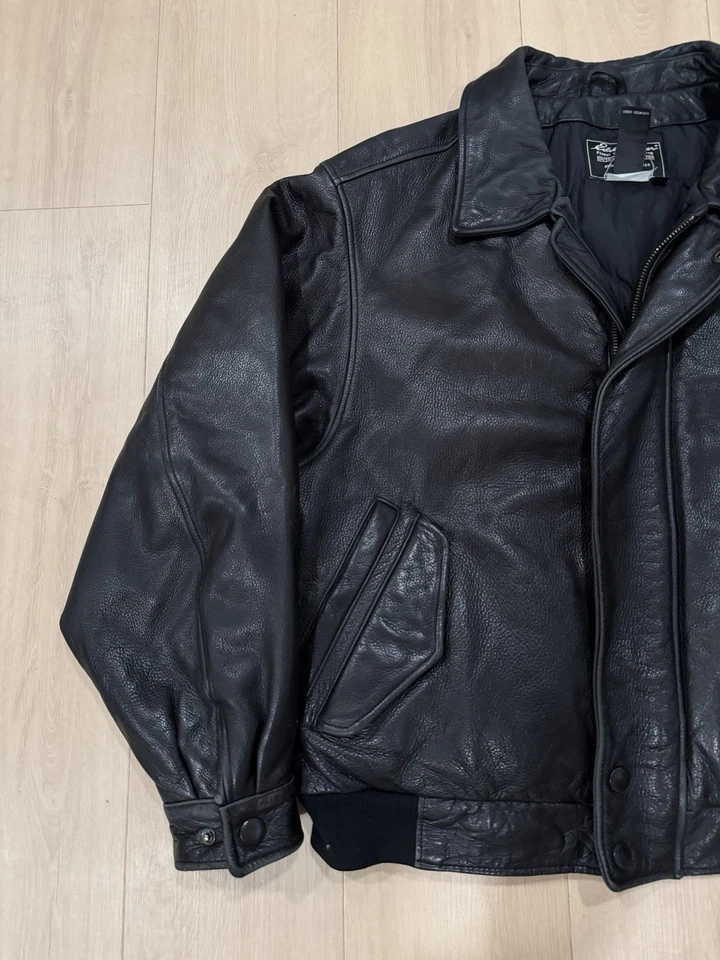 vintage EDDIE BAUER bomber jacket XL black leather GOOSE DOWN motorcycle - Image 2 of 4