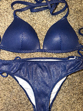 PINK Blue Ribbed Triangle Halter Bikini Set Padded Lined Strappy Small excellent