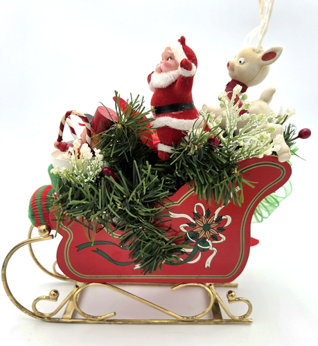 Vtg Christmas Sleigh Centerpiece Kitch Flocked Reindeer Santa Stocking of Toys - Picture 2 of 10