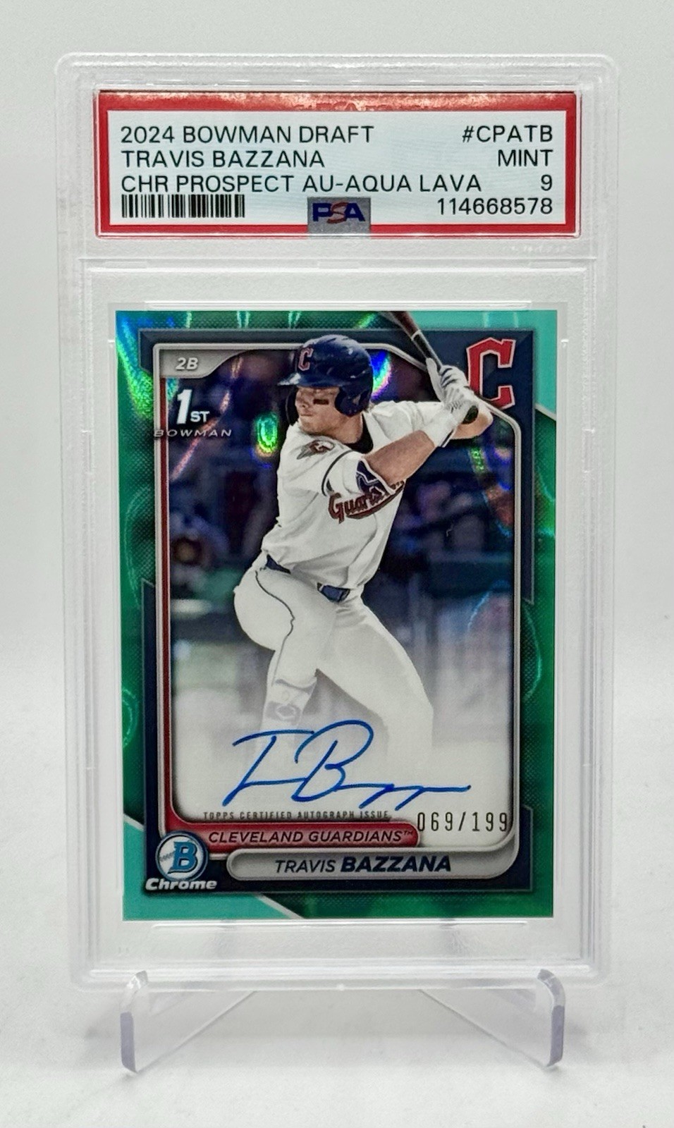 Travis Bazzana 2024 Bowman Draft Chrome 1st Auto Aqua Lava Refractor /199–PSA 9