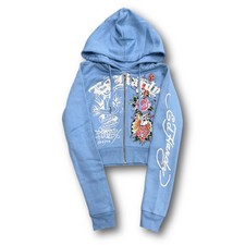 ED HARDY “Flower Skulls” BABY BLUE CROPPED ZIP UP HOODIE