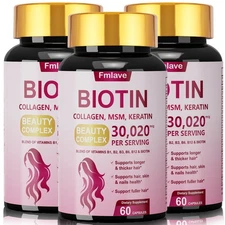 3x Biotin 30,020 mcg Collagen & Keratin MSM Anti-Aging Healthy Hair Nails & Skin
