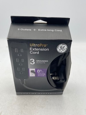 GE UltraPro Extension Cord 3 Grounded Outlets 8ft Fabric Braided Black Flat Plug