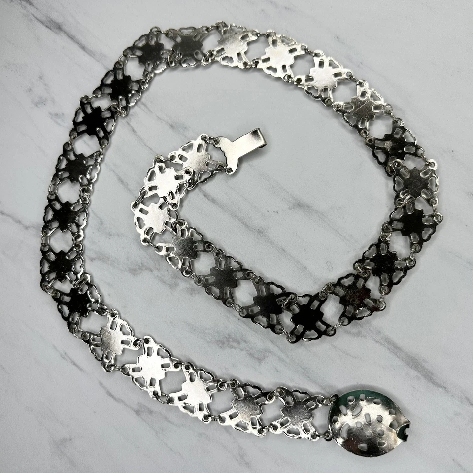 Cinturón de cadena de flores tono plata adornado doble gancho cinturón de enfermeras decorativo - OS Foto 2 de 4