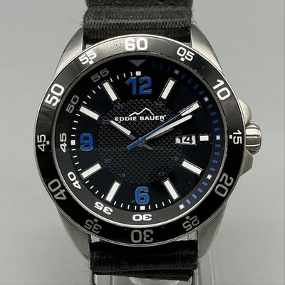 Eddie Bauer EB1010 Mens Watch 43mm Black Dial Nylon Strap 100M Date New Battery