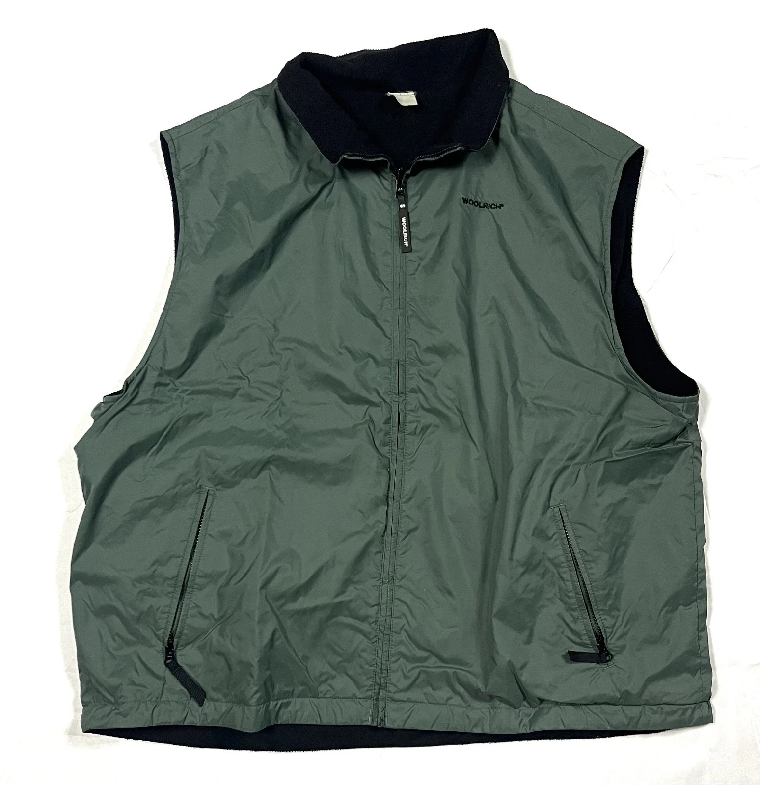 Woolrich Men XL Hunter Green Nylon Reversible Black Fleece Vest Full Zip Outdoor