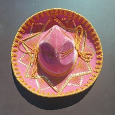 VTG Pigalle Sombrero Mariachi PINK  GOLD CHILDREN'S Velvet Hat MEXICO RARE. f