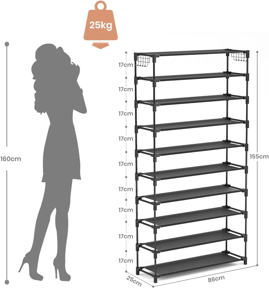 Scarpiera a 10 Ripiani, Scaffale Portascarpe in Metallo per 50 Paia Di Scarpe, S - Immagine 3 di 4