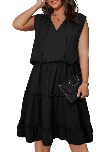 Plus Size Dress for Women V Neck Sleeveless Drawstrin Ruffle Layer Flowy Mini...