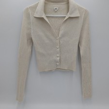 Aerie Cream Ribbed Knit Button Front Polo Cardigan Sweater Cropped Preppy Sz M