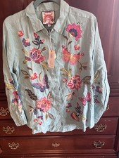 Johnny Was GRACEY Linen Embroidered Blue Butterfly Floral Sz MEDIUM 230 NWT