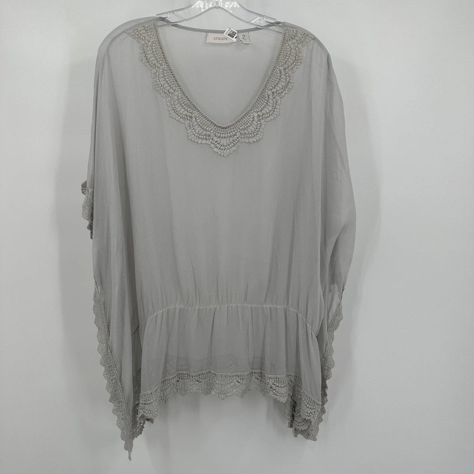Chicos Womens Boho Chiffon Crochet Lace Trim Poncho Blouse Size 2 US L Peasant