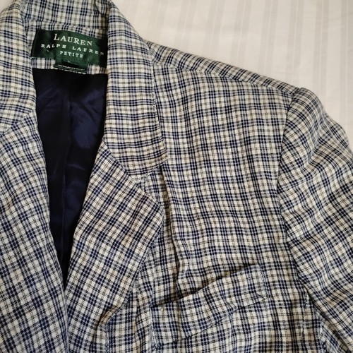 Lauren Ralph Lauren Blazer 8 P 100 Linen Navy Plaid Preppy Nautical Vintage USA - Picture 5 of 16