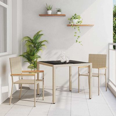 Garten Essgruppe 3tlg Beige Poly Rattan 90x90x75cm Stahlgestell Glasplatte Outdoor
