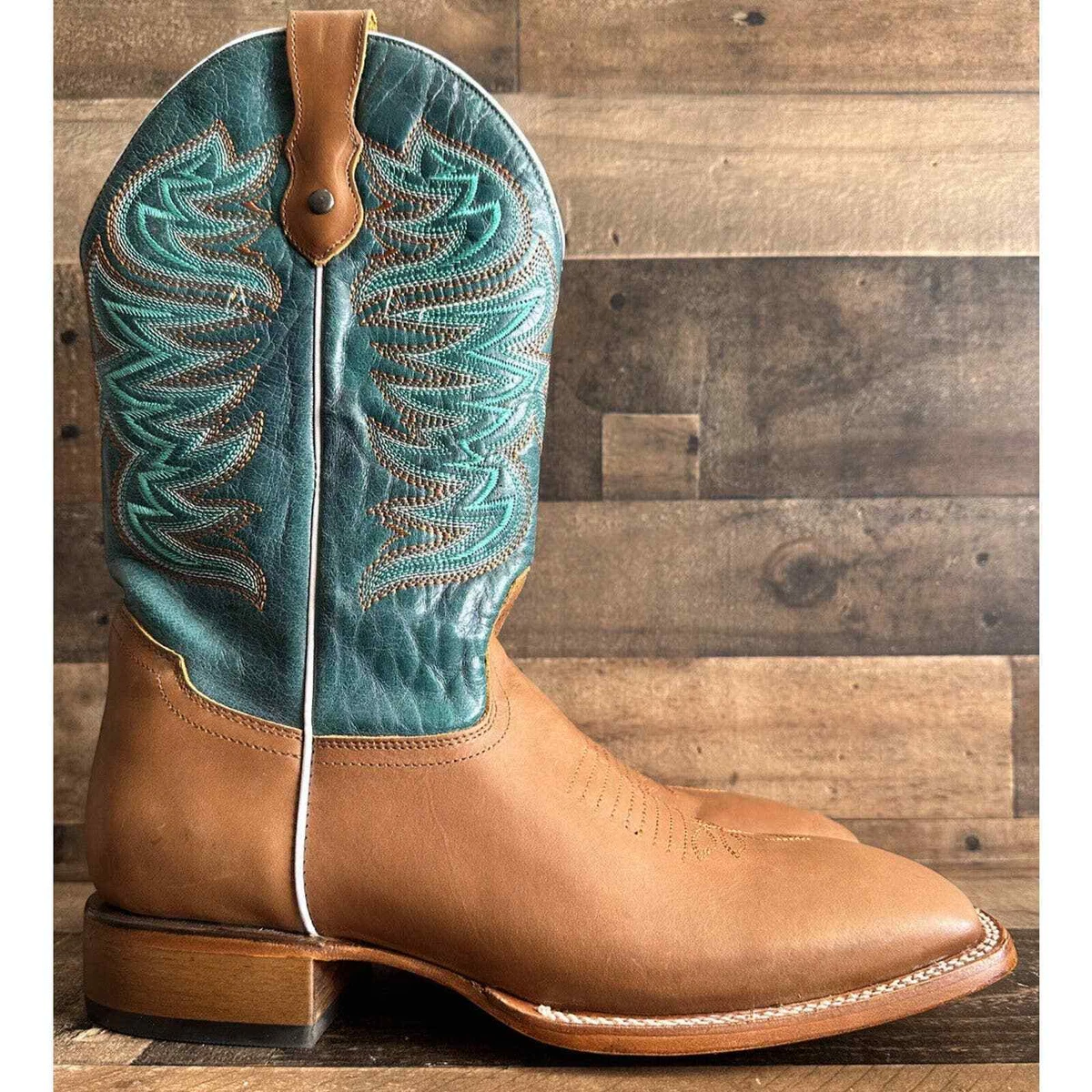 Alfa western Wear Leather Cowboy Boots Square Toe 10 Green Brown
