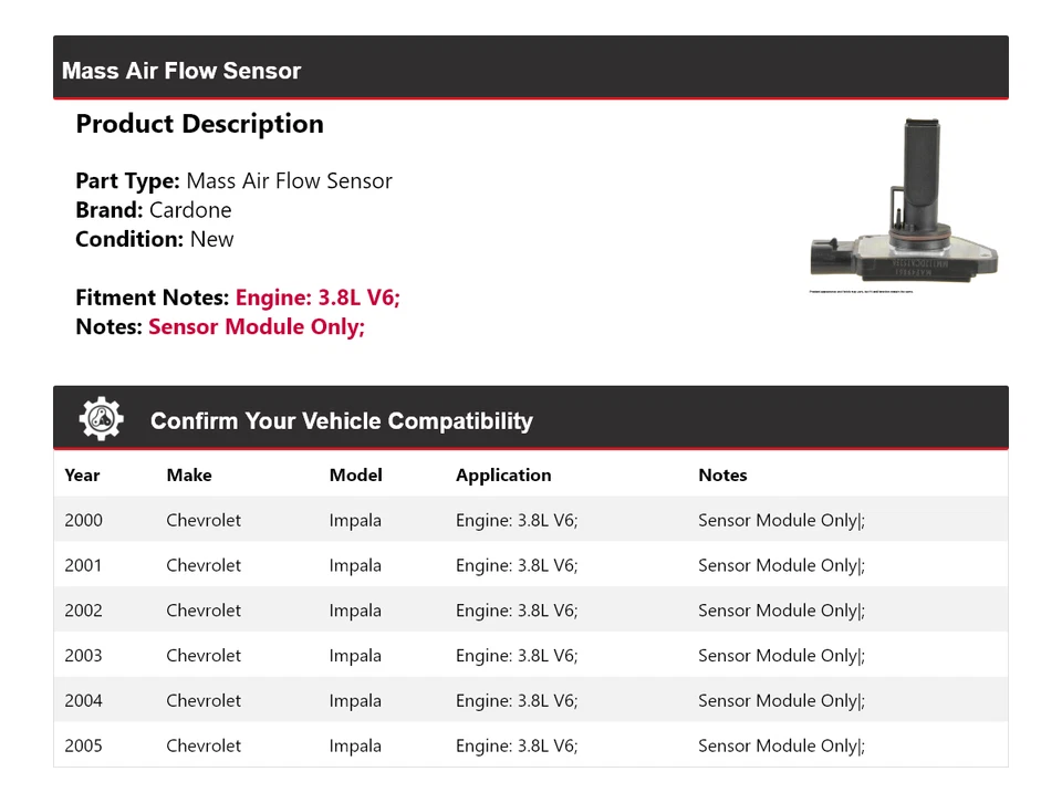 Sensor de flujo de aire másico Cardone 2001 2002 para Chevrolet Impala 2000-2005 3,8 L V6 Foto 2 de 4