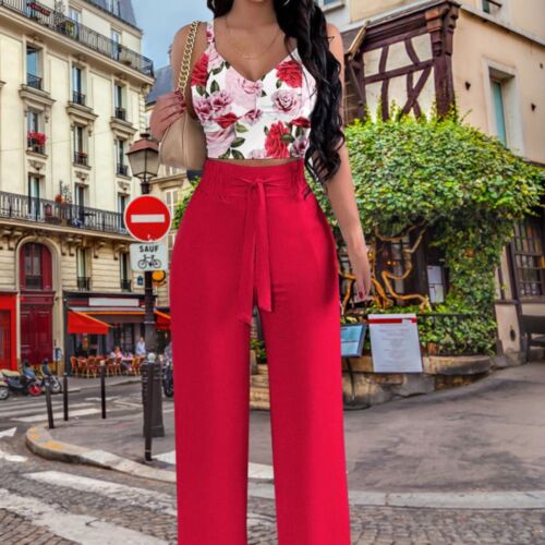 Women 2 Piece Outfit Sets Sleeveless Crop Tops And Drawstring Wide Leg Trousers - Picture 27 of 29