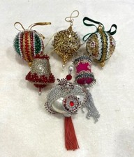 Lot 6- 6 Hand Made Vintage Beaded Christmas Ornaments-Satin-Sequin-Lace-Pearls