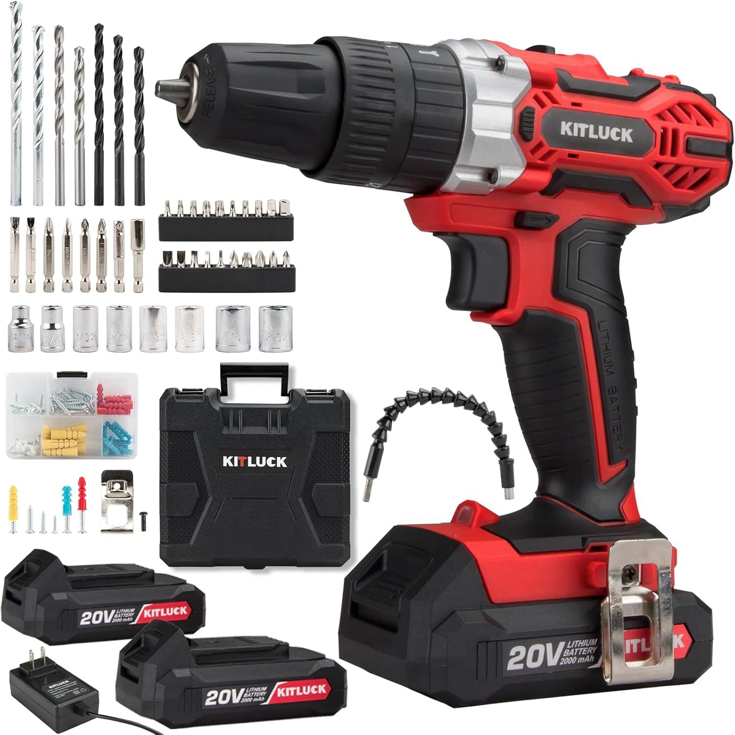 Cordless Drill Set, 20V Power Drill Kit 2 X 2.0AH Battery, 44pcs Drill