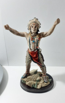 Native American Indian Chief Hand-Painted Resin Statue Wood Base ''Give Us Peace''