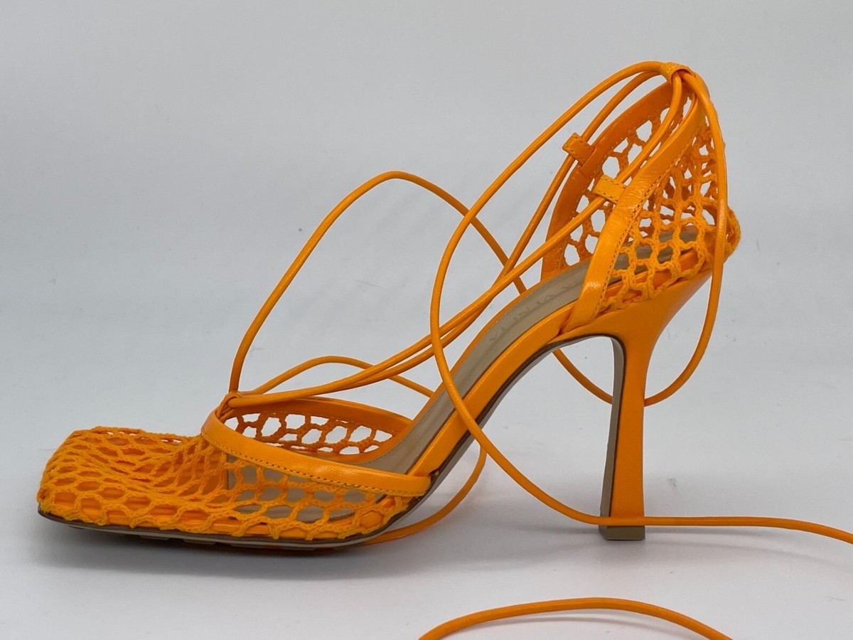 サンダル・ミュール Bottega Veneta Stretch Lace-Up Sandal Orange Bottega Veneta Web Stretch Mesh Square Toe Wrap Lace Sandals