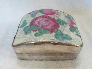 Antique 19c Chinese Silver Trinket Box w/old porcelain shard inlaid