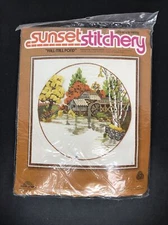 New Sunset Stitchery “Fall Mill Pond”Embroidery Kit 20” X 20” Autumn