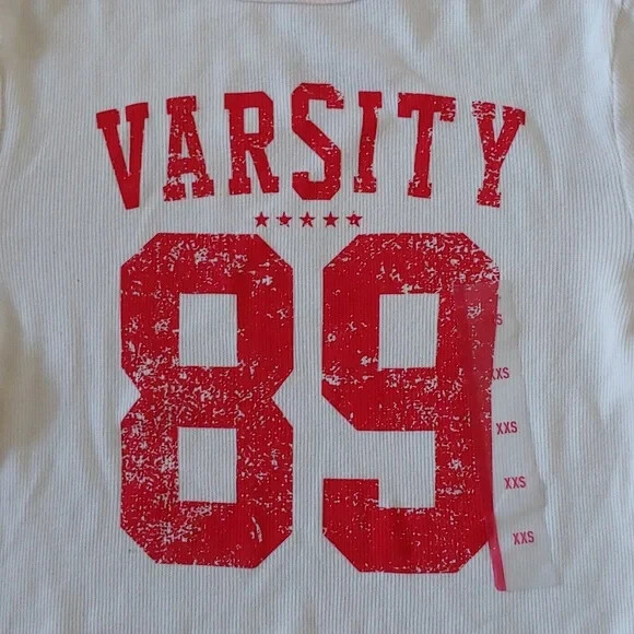 NWT Modern Lux Women's Varsity Graphic Long Sleeve Crop Top Ivory Size XXS