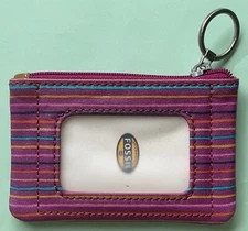 FOSSIL KEYPER PINK STRIPED COIN PURSE W/ KEY RING