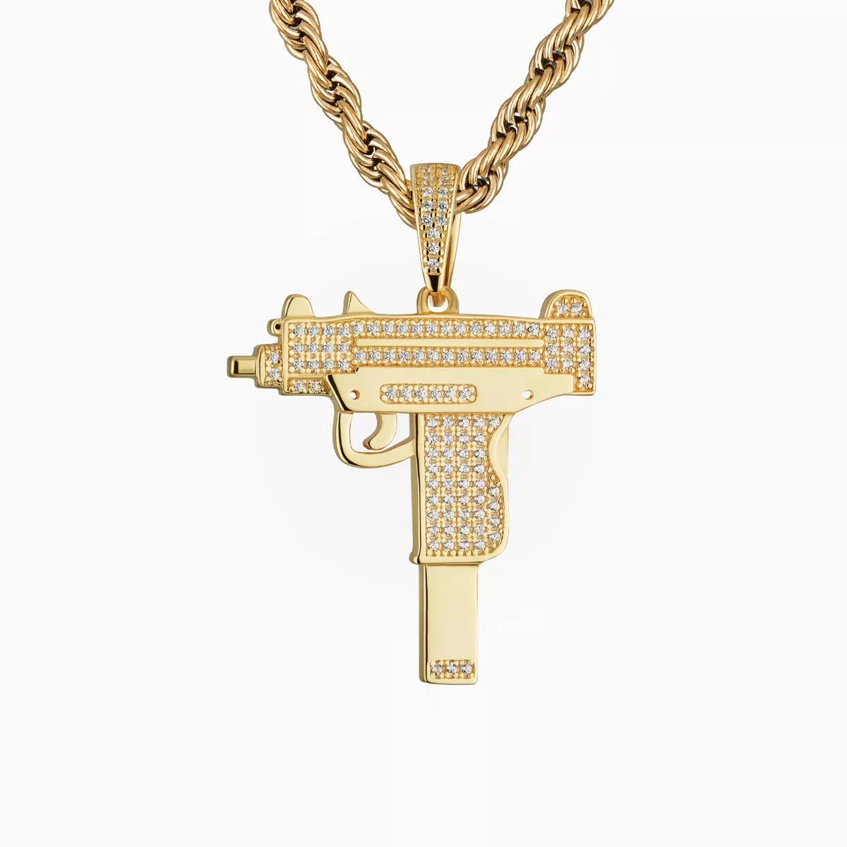 Mens Real Solid 925 Silver Gold Plated Uzi Gun Pendant Necklace