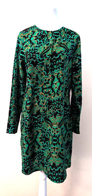 New H&M sz 6 Sheath Dress green print 2 slits on back long sleeves 1811