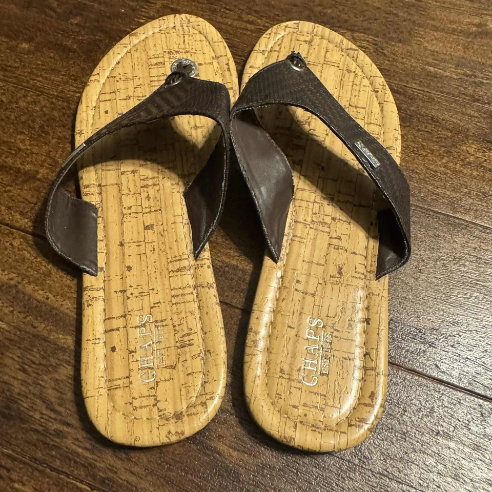 VTG Chaps Navy Blue Woven MM Leather/Cork Logo Flip Flops Flats Women's Size 10 - Image 3 of 4