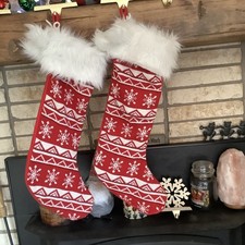 1 Vintage Knitted Christmas Stocking Red white Snowflakes Faux Fur Cuff Pom Pom
