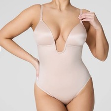 Spanx Plunge Low-Back Thong Bodysuit 10206R Champagne Beige Sz M NWT