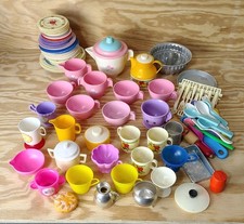 HUGE Vtg 100pc Chilton FP Mixed Plastic Play Tea Set Cups Dishes Pretend Toy LOT