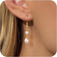 Gold Pearl Dangle Earrings for Women, 14K Gold Plated Small Pearl Drop Huggie Ho