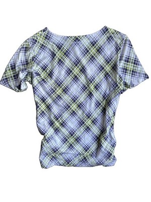 Links Women's Plaid Stretch Top Purple Green Y2K Short Sleeve Size Medium VTG