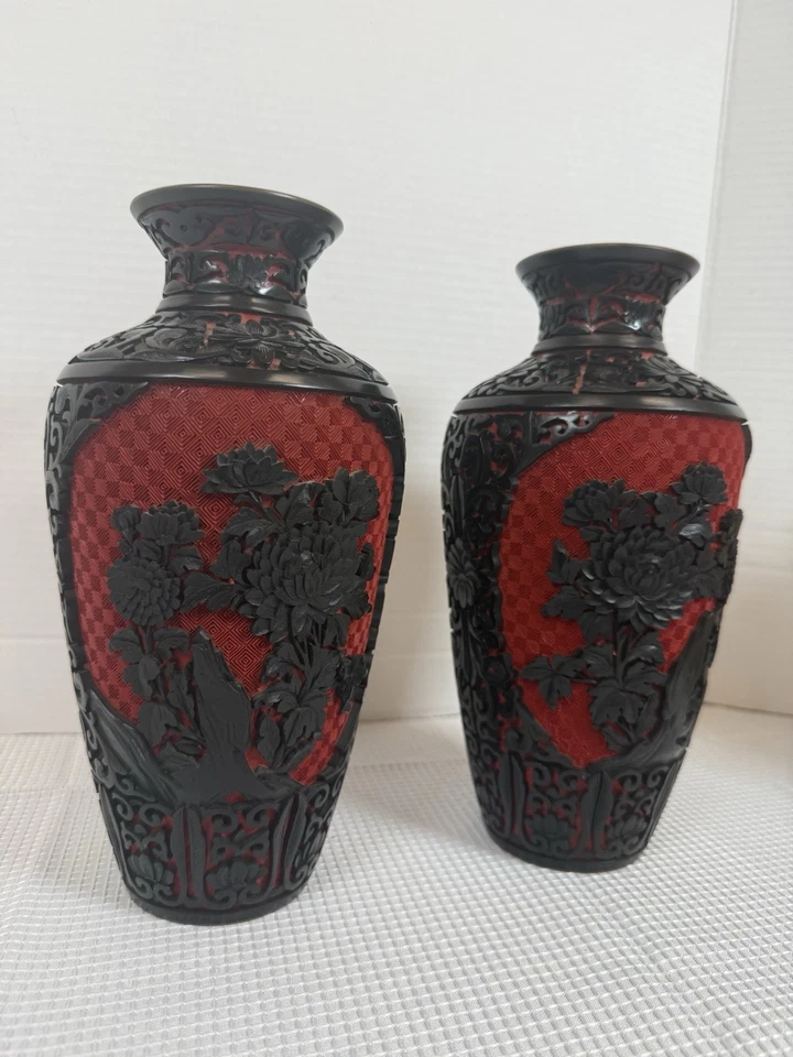 "Par de jarrones chinos de laca de cinabrio de colección interior azul floral figurativo 10"" B2" Foto 3 de 4